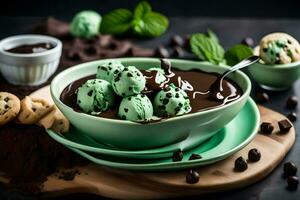 Chocolat menthe la glace crème dans une bol. généré par ai photo