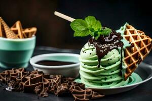 la glace crème avec Chocolat et menthe sur une plaque. généré par ai photo