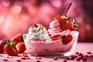 une fraise sundae avec fouetté crème et des fraises. généré par ai photo