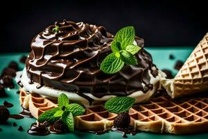 Chocolat la glace crème avec menthe feuilles sur une gaufre. généré par ai photo