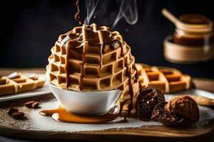 le gaufre est surmonté avec caramel et Chocolat. généré par ai photo