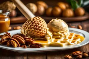 la glace crème avec des noisettes et caramel sauce sur une plaque. généré par ai photo