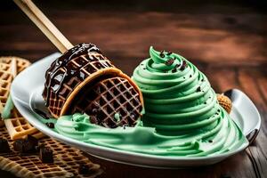 une gaufre cône avec vert la glace crème et Chocolat puces. généré par ai photo