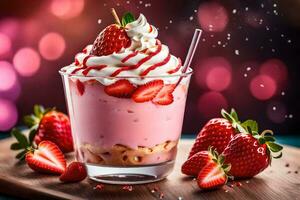 une fraise Milk-shake avec fouetté crème et des fraises. généré par ai photo