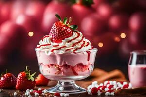 une dessert avec des fraises et fouetté crème. généré par ai photo