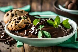 Chocolat la glace crème avec menthe et biscuits. généré par ai photo