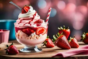 une dessert avec des fraises et fouetté crème. généré par ai photo