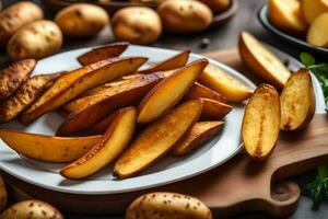 Patate coins sur une assiette avec herbes. généré par ai photo