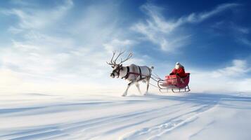 ai génératif Père Noël claus sur une traîneau avec une Célibataire renne photo