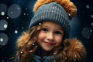 mignonne fille sur Noël nuit. enfant dans hiver vacances un événement sur de fête lumières Contexte. enfant porter chandail. content sourire fille prendre plaisir neige chute dans hiver vacances et Nouveau année concept. génératif ai. photo