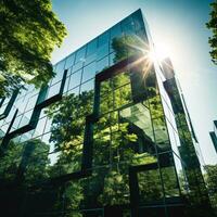 respectueux de la nature bâtiment dans le moderne ville. durable verre Bureau bâtiment avec arbre pour réduire carbone dioxyde. Bureau bâtiment avec vert environnement. entreprise bâtiment réduire co2. génératif ai. photo