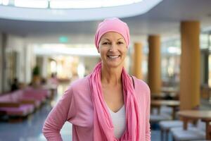 content cancer patient. souriant femme après chimiothérapie traitement à hôpital oncologie département. Sein cancer récupération. Sein cancer survivant. portrait souriant chauve femme. génératif ai. photo