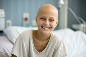 content cancer patient. souriant fille après chimiothérapie traitement à hôpital oncologie département. leucémie cancer récupération. cancer survivant. portrait de une souriant chauve mignonne adolescent fille. génératif ai. photo