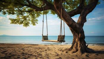 ai généré plage arbre balançoire photo