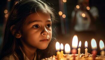 ai généré une mignonne fille souriant, en portant une bougie, célébrer sa anniversaire généré par ai photo