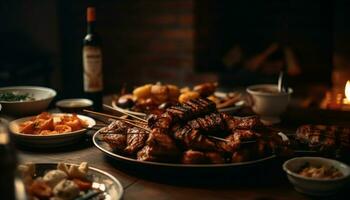 ai généré une gourmet mexicain repas avec grillé Viande, Frais légumes, et sauce généré par ai photo