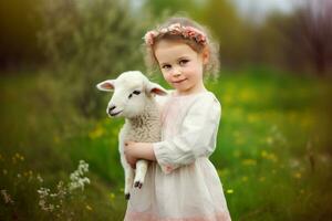 petit fille agneau Prairie cultiver. produire ai photo