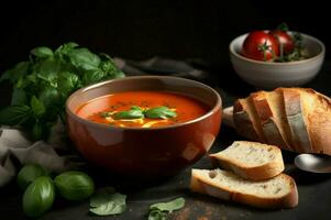 servi tomate basilic soupe avec rôti pain. produire ai photo