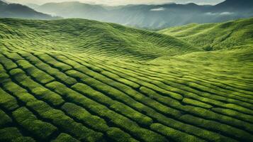 ai généré vert thé plantation, Haut vue texture photo