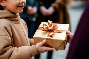 enfants journée - une enfant recevoir ou donnant une cadeau. enfants journée est une commémoratif date, célèbre chaque année dans honneur de les enfants. chaque pays a une fête date. ai génératif photo