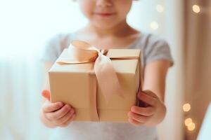 enfants journée - une très content fille avec une cadeau dans sa mains. enfants journée est une commémoratif date, célèbre chaque année dans honneur de les enfants. chaque pays a une fête date. ai génératif photo