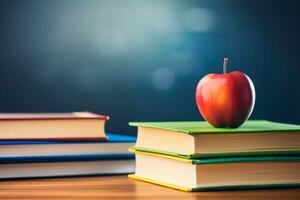 enseignants journée - livres et pommes, symboles de connaissance et gratitude, orner le table dans fête de le journée de éducateurs qui forme esprits et cœurs. ai génératif photo