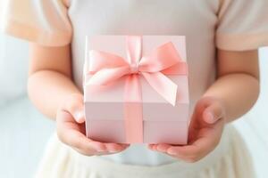 enfants journée - une très content fille avec une cadeau dans sa mains. enfants journée est une commémoratif date, célèbre chaque année dans honneur de les enfants. chaque pays a une fête date. ai génératif photo