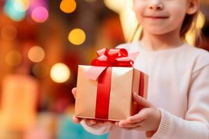 enfants journée - une enfant recevoir ou donnant une cadeau. enfants journée est une commémoratif date, célèbre chaque année dans honneur de les enfants. chaque pays a une fête date. ai génératif photo