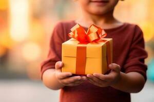 enfants journée - une enfant recevoir ou donnant une cadeau. enfants journée est une commémoratif date, célèbre chaque année dans honneur de les enfants. chaque pays a une fête date. ai génératif photo