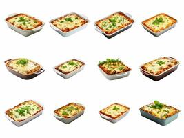 ai généré lasagne dans cuisson plat collection isolé sur blanc Contexte photo