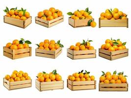 ai généré des oranges sur en bois boîte collection isolé sur blanc Contexte photo