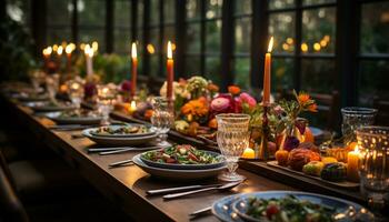 ai généré une gourmet repas sur une en bois tableau, du vin et bougie généré par ai photo