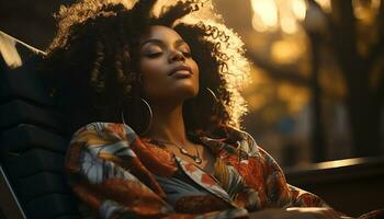 ai généré Jeune femme séance sur banc, souriant, profiter l'automne soir généré par ai photo