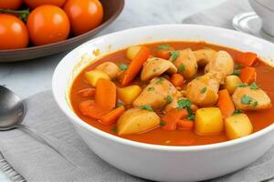 ai généré poulet Ragoût avec tomates, oignons, carotte et patates. pro photo