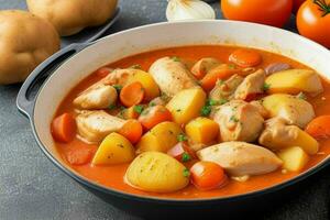 ai généré poulet Ragoût avec tomates, oignons, carotte et patates. pro photo