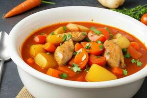 ai généré poulet Ragoût avec tomates, oignons, carotte et patates. pro photo