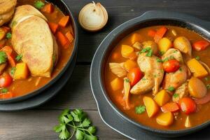 ai généré poulet Ragoût avec tomates, oignons, carotte et patates. pro photo