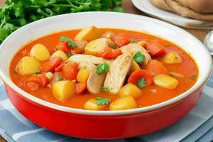 ai généré poulet Ragoût avec tomates, oignons, carotte et patates. pro photo