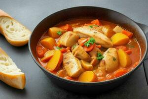 ai généré poulet Ragoût avec tomates, oignons, carotte et patates. pro photo