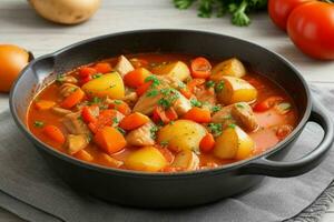 ai généré poulet Ragoût avec tomates, oignons, carotte et patates. pro photo