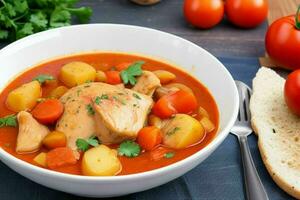 ai généré poulet Ragoût avec tomates, oignons, carotte et patates. pro photo