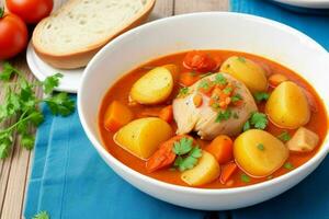 ai généré poulet Ragoût avec tomates, oignons, carotte et patates. pro photo