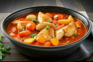 ai généré poulet Ragoût avec tomates, oignons, carotte et patates. pro photo