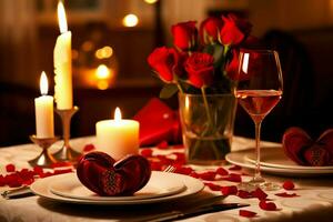 ai généré table décoré pour une romantique dîner avec deux Champagne lunettes, bouquet de rouge des roses ou bougie concept par ai généré photo