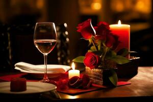 ai généré table décoré pour une romantique dîner avec deux Champagne lunettes, bouquet de rouge des roses ou bougie concept par ai généré photo