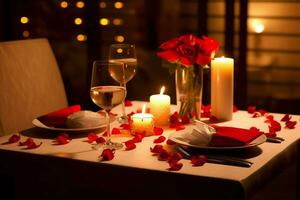 ai généré table décoré pour une romantique dîner avec deux Champagne lunettes, bouquet de rouge des roses ou bougie concept par ai généré photo