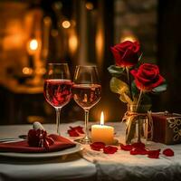 ai généré table décoré pour une romantique dîner avec deux Champagne lunettes, bouquet de rouge des roses ou bougie concept par ai généré photo