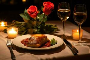 ai généré table décoré pour une romantique dîner avec deux Champagne lunettes, bouquet de rouge des roses ou bougie concept par ai généré photo