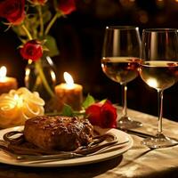 ai généré table décoré pour une romantique dîner avec deux Champagne lunettes, bouquet de rouge des roses ou bougie concept par ai généré photo