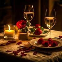 ai généré table décoré pour une romantique dîner avec deux Champagne lunettes, bouquet de rouge des roses ou bougie concept par ai généré photo